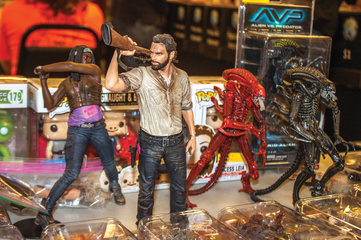 Comic Book Swap Meet in Chimacum included action figures such as Rick Grimes and Michonne of “The Walking Dead” facing off against a pair of Xenomorphs from the “Aliens.”